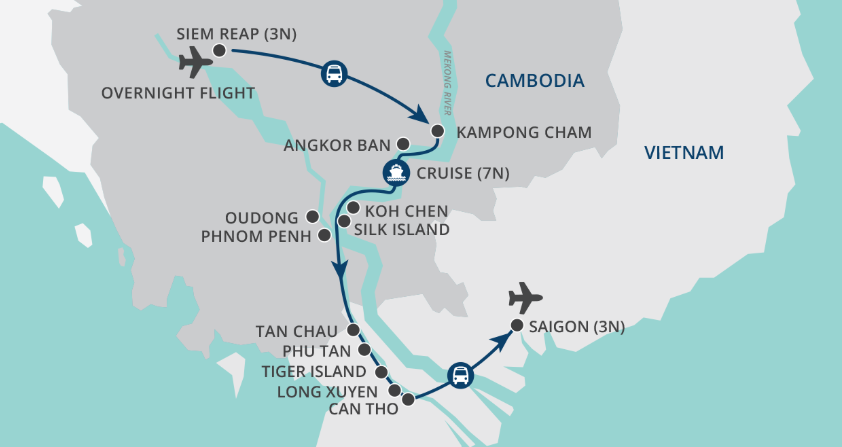 Angkor to Saigon Cruise & Tour map