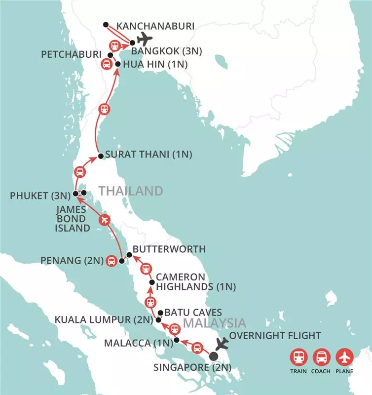 Singapore to Bangkok by Rail map
