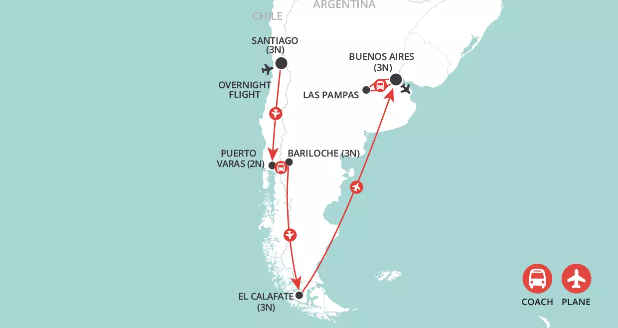 Landscapes & Lakes of Chile & Argentina map