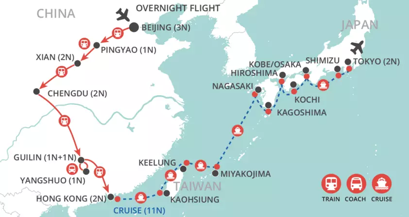 China by Rail, Japan by Sea map